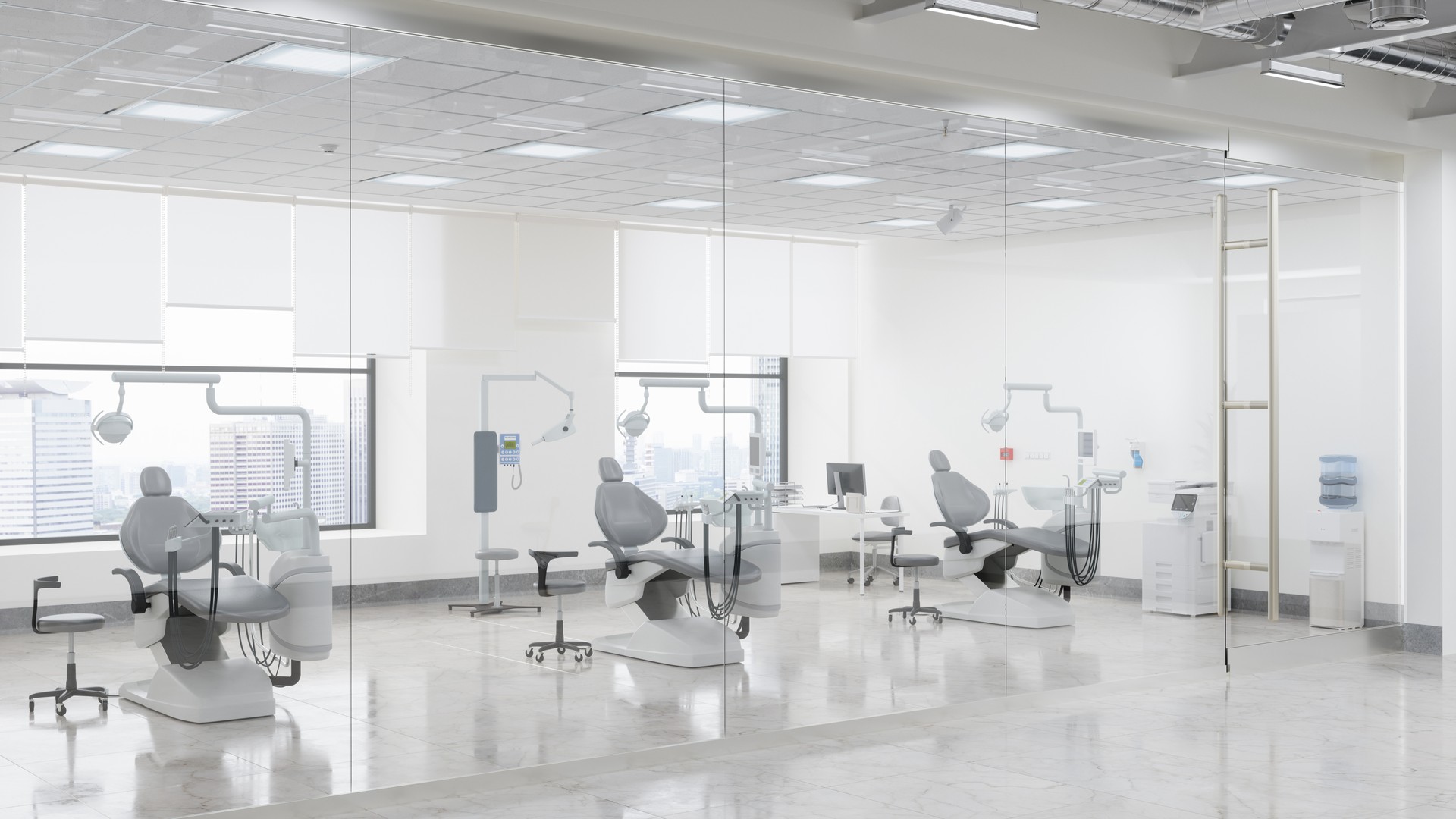 Outside View Of Empty Dental Clinic With Dentist Chairs And Dental Tools