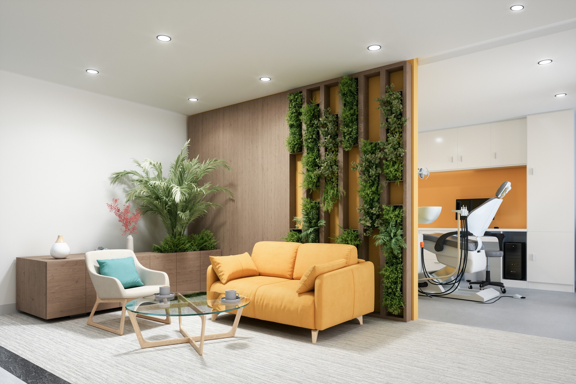 Interior Of An Open Plan Dental Office With Dentist Chair, Dental Tools, Armchair,  Yellow Sofa, Coffee Table And Vertical Garden